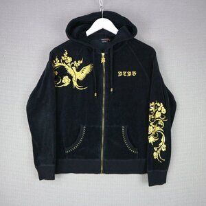 BCBGMAXAZRIA Velour Rhinestone Gold Floral Y2K Grunge Hoodie Large Velvet